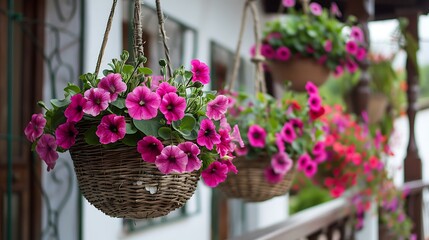 Fototapeta na wymiar Baskets of hanging petunia flowers on balcony