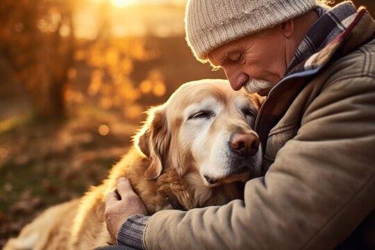 Man stroking his old dog. retriever enjoying autumn sunny say with his owner