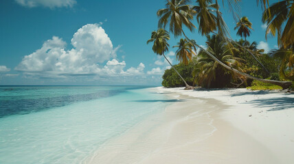 Tranquil beach with powdery white sand, crystal-clear waters, and swaying palm trees.