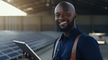 engineer using tablet Standing and smiling, looking at the camera Complete with solar panels - obrazy, fototapety, plakaty