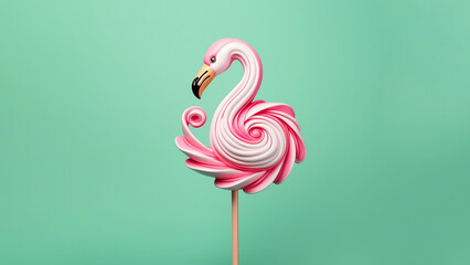 Creative design of 3d pink lollypop in flamingo shape against pastel mint green background. Original summer concept. Childhood sweet, candy land, gummy.