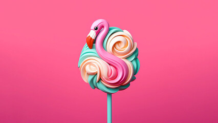 Creative design of 3d colorful lollypop in flamingo shape against pink background. Original summer concept. Childhood sweet, candy land, gummy.