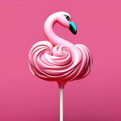 Creative design of 3d pink lollypop in flamingo shape against pink background. Original summer concept. Childhood sweet, candy land, gummy.