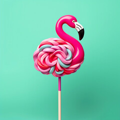 Creative design of 3d colorful lollypop in flamingo shape against pastel mint green background. Original summer concept. Childhood sweet, candy land, gummy.