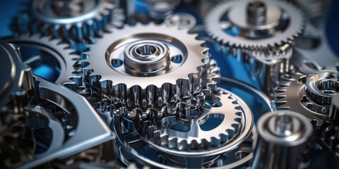 Engine silver gears wheels rotating animation. Blue Background.