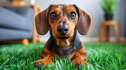 Cute dachshund dog with big expressive eyes lying on green artificial grass indoors, with a blurred background of a cozy room. - 777200287