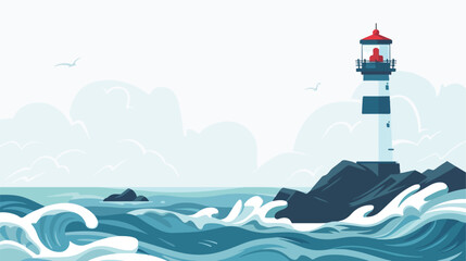 Stormy sea with tall lighthouse With copyspace