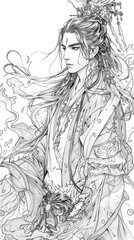 Fototapeta premium Asian inspired male immortal character, black and white line art.