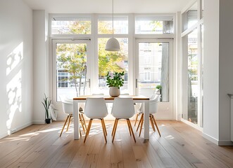Modern apartment interior with dining table and chairs, white walls, wooden floor, 