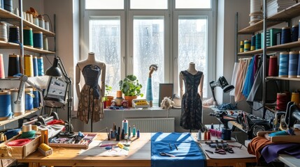 A sewing room with a window and a mannequin. The room is filled with various fabrics and sewing supplies - obrazy, fototapety, plakaty