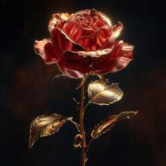 Generative AI red rose with golden ornaments