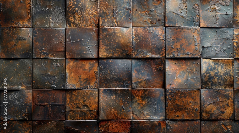 Poster a wall made of old, rusted metal tiles. the tiles are arranged in a pattern that resembles a puzzle,