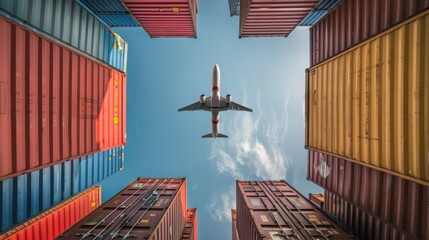 Picture taken from an upward angle Airplanes flying over overseas shipping containers Logistics supply chain management and international product export concept.