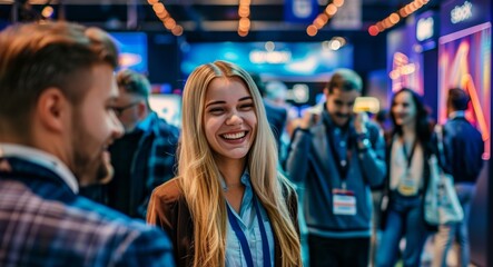 the bustling energy of a trade show as a cheerful businesswoman engages in conversation, radiating happiness in front of a well-lit exhibition stand.