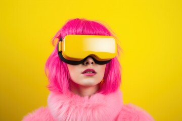 American woman wearing a virtual reality headset.