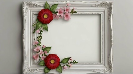 Blank white frame with red rose border hanging on black bricks wall.
