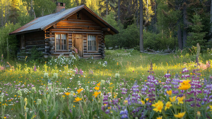 Fototapeta na wymiar Tranquil countryside scene with a rustic wooden cabin, surrounded by colorful wildflowers.
