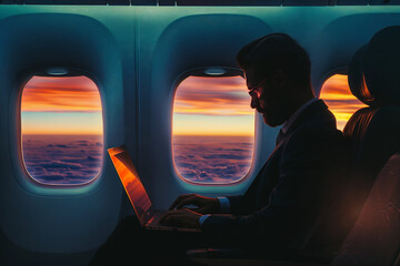Man in business suit working on laptop on airplane, sunset outside window.