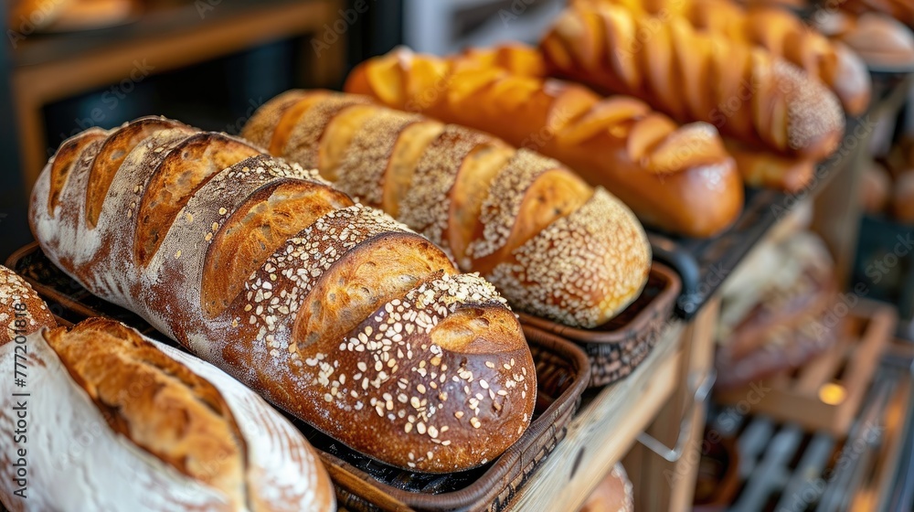 Poster a variety of breads are displayed on a counter, including some with seeds and others with a spiral s