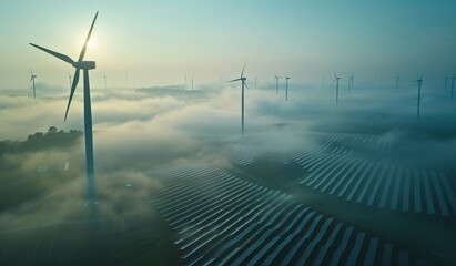 Sustainable Energy Landscape Wind Turbines and Solar Panels in the Morning Fog with Sun Rising Background - Powered by Adobe