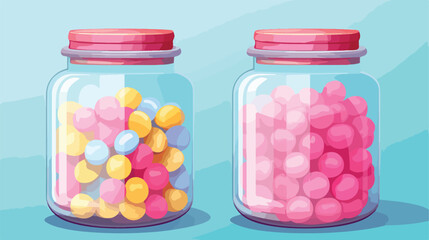 Tasty pink candies in glass jars on light blue background