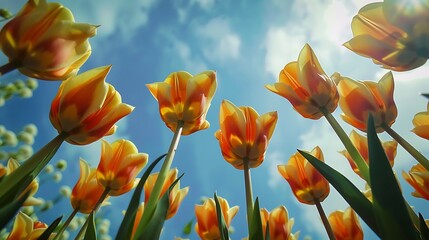 Beautiful yellow and orange tulips from below