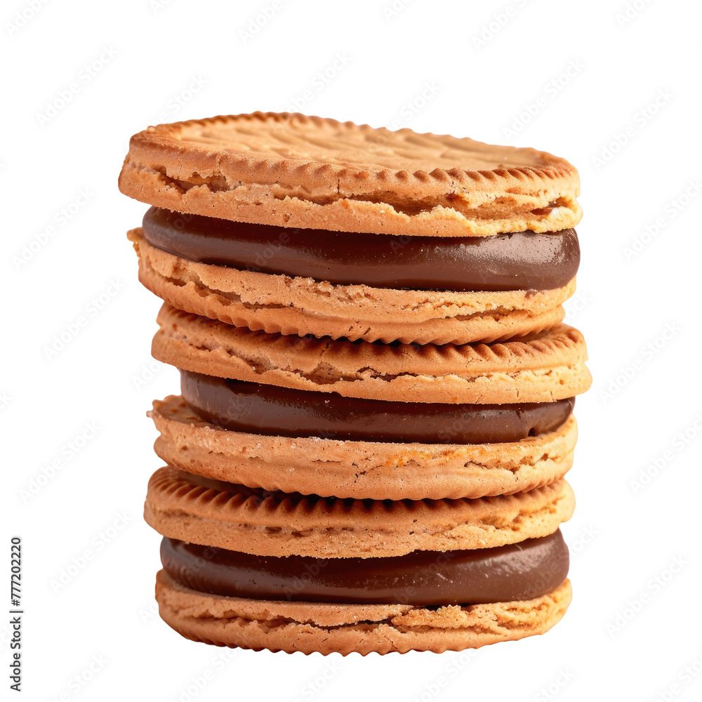 Poster a close up of a stack of cookies with chocolate frosting