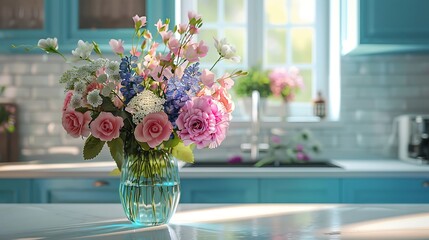 Bouquet of beautiful flowers on table in kitchen