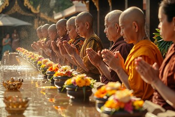 Line of Asian monks in saffron robes, praying with flowers in a ceremony. - obrazy, fototapety, plakaty