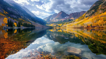Tranquil lake nestled between towering mountains, reflecting the colorful autumn foliage. - obrazy, fototapety, plakaty