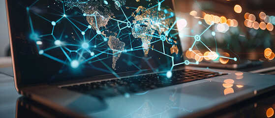 Global business and technology concept. Side view and close up of hands at desktop using laptop with glowing digital map, Double exposure,Laptop with glowing network connections,Global business, inter - obrazy, fototapety, plakaty