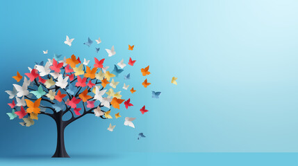 Artistic Paper Butterflies Flying from a White Tree on Blue