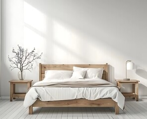 3d rendering of modern bedroom interior with white wall and wooden bed mock up, side tables and lamps