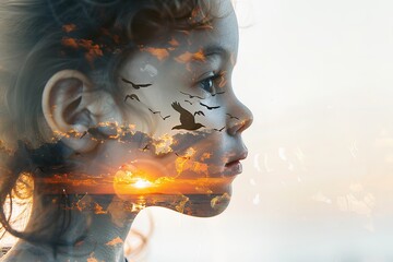 Double exposer of a child face with a beautiful scenery with sunset with a big space against a white backdrop for text or product, Generative AI.