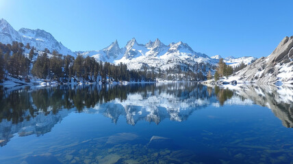 Fototapeta na wymiar Tranquil lake reflecting the towering snow-covered mountains and a cloudless sky.