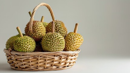 Close shot of a basket of Durian fruits in a studio white backdrop with a big space for text or product advertisement, Generative AI.