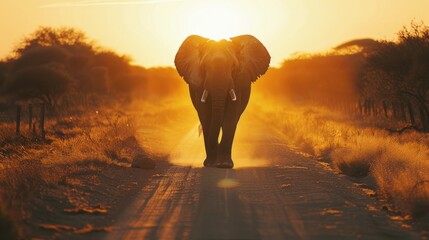 an Elephant walking in a meadow with the Sun from behind.AI generated image - obrazy, fototapety, plakaty