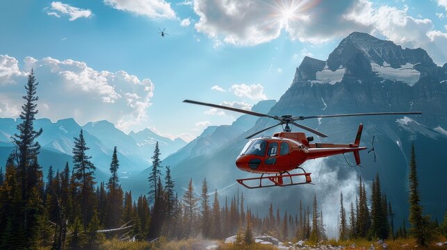 Helicopter flying and landing in park .AI generated image