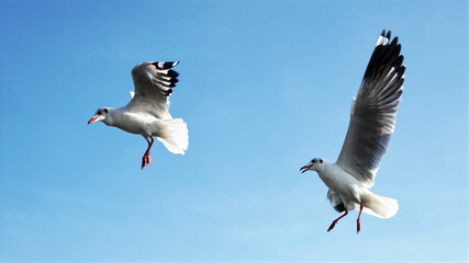 Seagull birds landing for the feeding blue sky background.