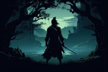 Japanese samurai warrior with forest at night. Ronin standing in forest at night. Black silhouette of Japanese samurai warrior against forest at night - obrazy, fototapety, plakaty