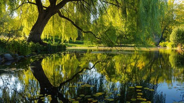 Tranquil willow tree reflecting its graceful form in a calm pond.