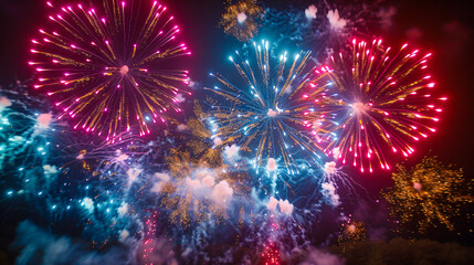 Obraz na płótnie Canvas Festive fireworks display against night sky, celebration event with colorful pyrotechnics