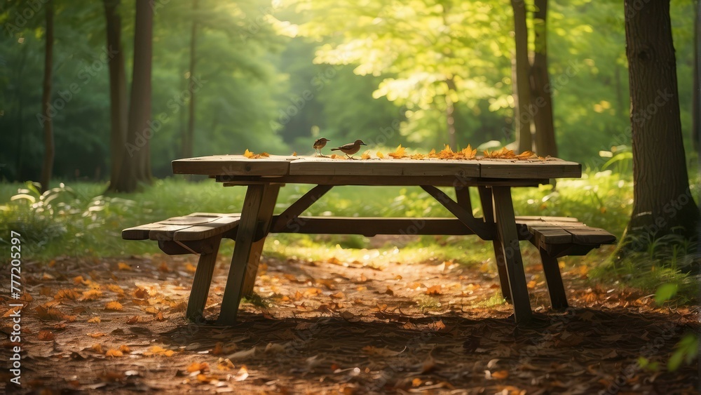 Poster picnic table in a tranquil forest setting
