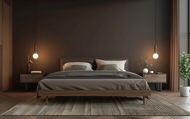 3d rendering of modern bedroom interior design with bed, night stand and bookcase against dark wall background