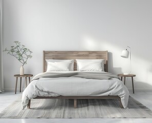 3d rendering of modern bedroom interior with double bed, bedside table and floor lamp on white wall background