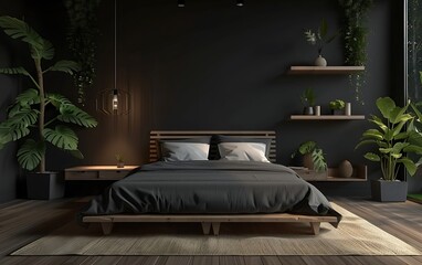 3d rendering of modern bedroom interior design with bed, wooden table and shelf on dark wall background