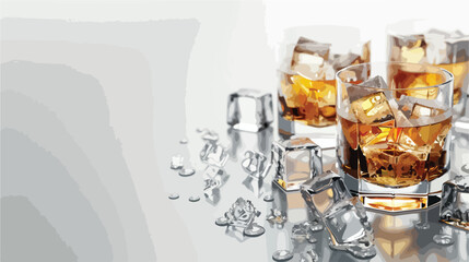Whiskey and ice cubes in glasses on grey table closeup