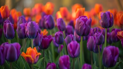 Garden of purple and orange tulips