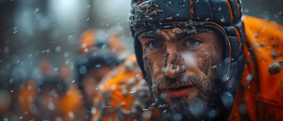 Rugby players wearing scrum caps and jerseys engage in intense scrum battle. Concept Sports, Rugby, Scrum Battle, Intensity, Athletes