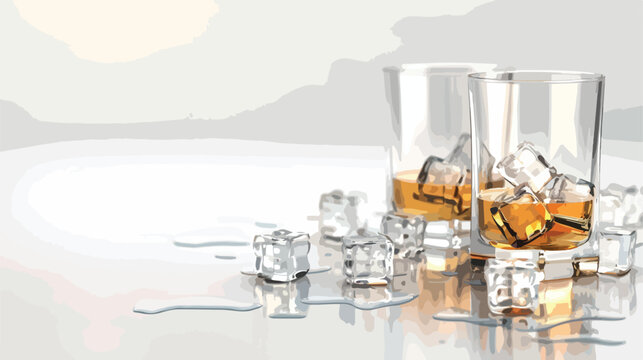 Whiskey and ice cubes in glasses on grey table closeup